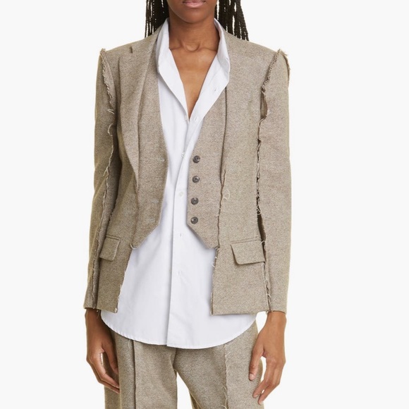New R13 Fray Seam Flat Sleeve Merino Wool Blazer In Oatmeal Size Large - Picture 6 of 13